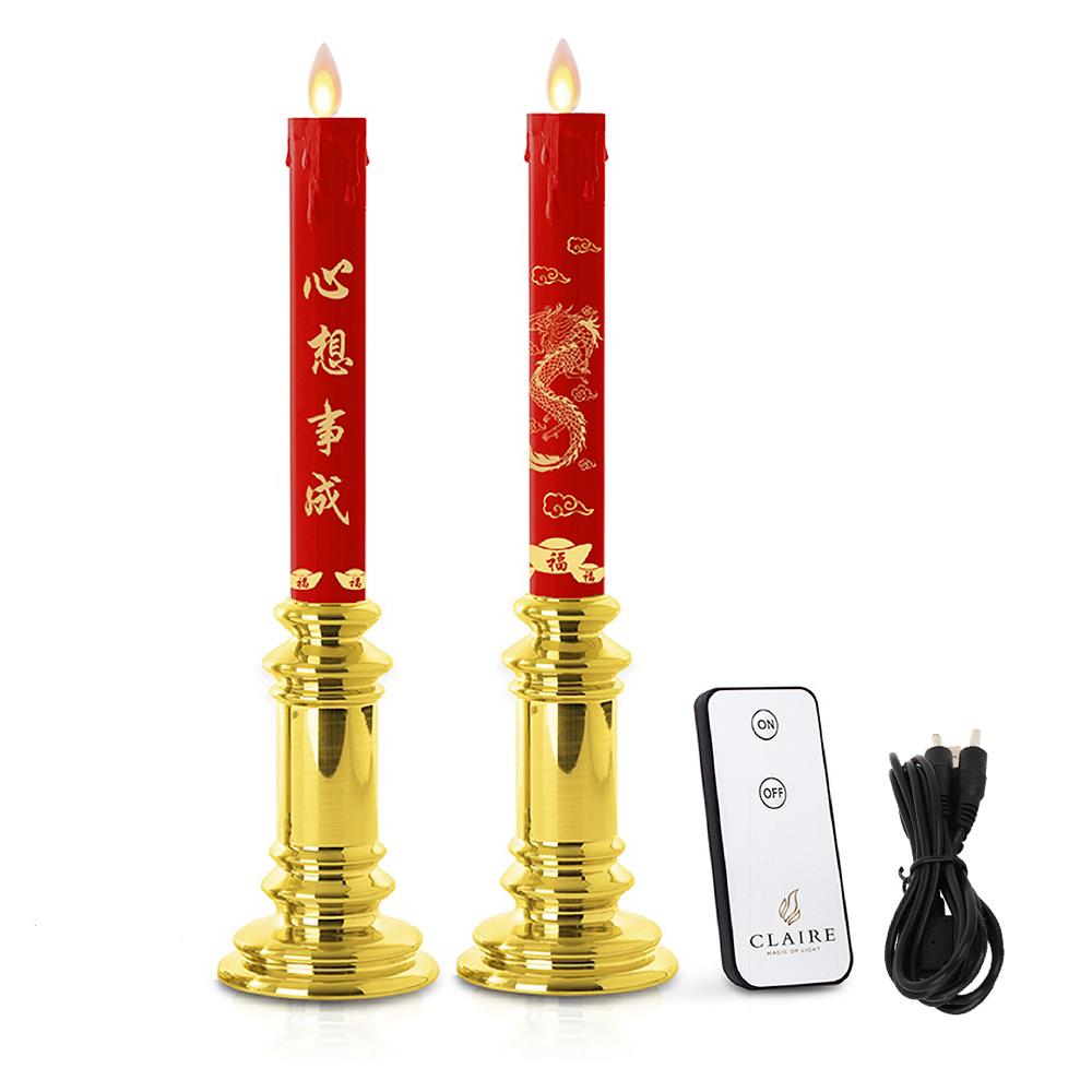 เชิงเทียน LED 30 ซม. สีแดงทอง DUAL POWER CLAIRE