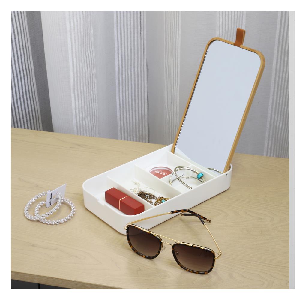 อุปกรณ์จัดเก็บเครื่องสำอาง กล่องไม้ พร้อมกระจก STACKO MOKU 23x13x3.8 ซม. สีขาว