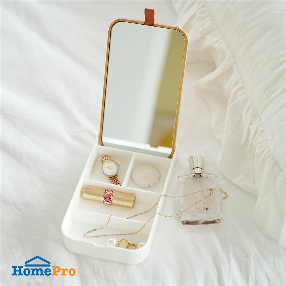 อุปกรณ์จัดเก็บเครื่องสำอาง กล่องไม้ พร้อมกระจก STACKO MOKU 23x13x3.8 ซม. สีขาว