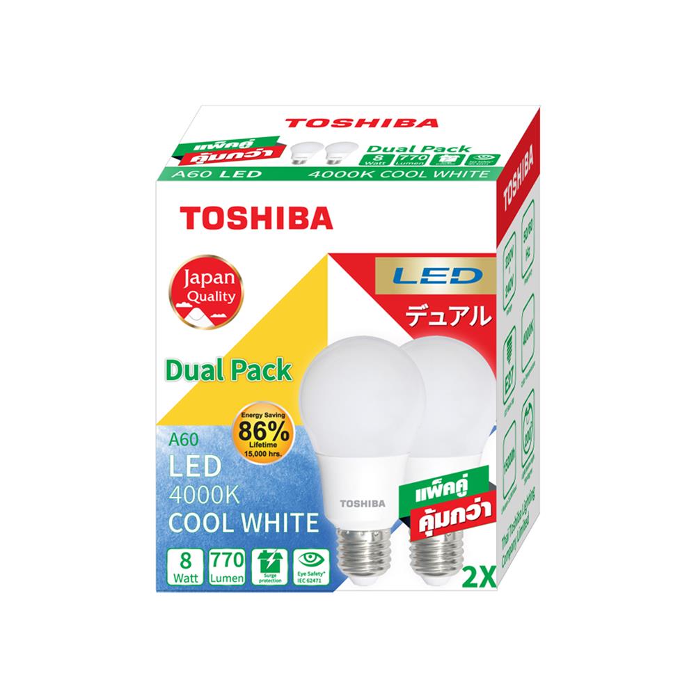 หลอด LED TOSHIBA A60 8 วัตต์ COOL WHITE E27 แพ็ก 2 ชิ้น