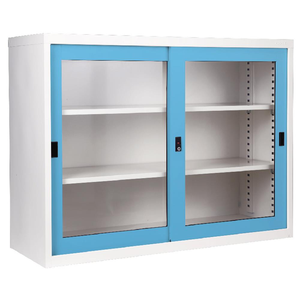 ตู้เหล็กบานเลื่อนกระจก KIOSK SGD-4 BO สีขาว/สีฟ้า