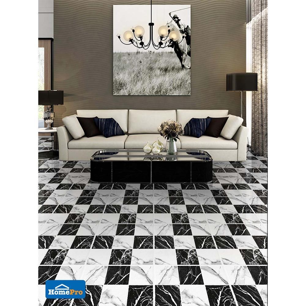 กระเบื้องพื้นพอร์ซเลน  16x16 นิ้ว COTTO เชส มาร์เบิลมิกซ์ ขาว ดำ HYG