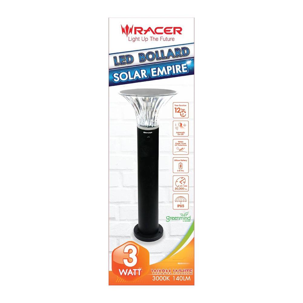 ไฟทางเดิน SOLAR RACER BOLLARD 3 วัตต์ WARMWHITE สีดำ