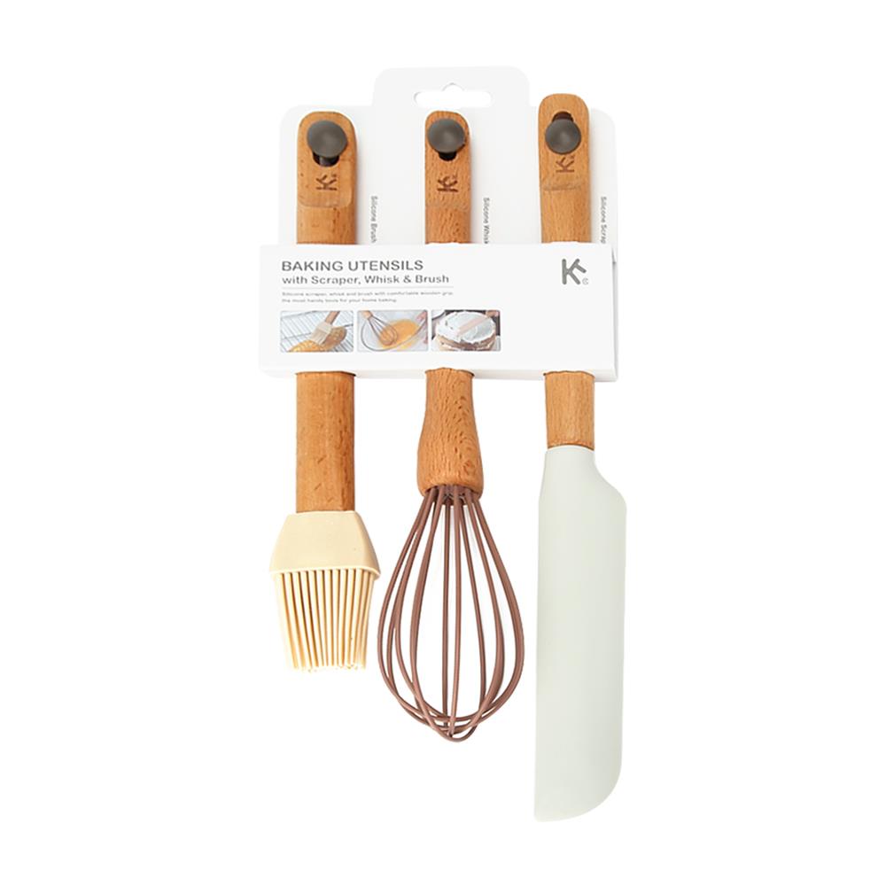 ชุดซิลิโคนไม้พายปาดเค้ก+ที่ตีไข่+แปรง COOK CHARMY 3 ชิ้น ด้ามไม้