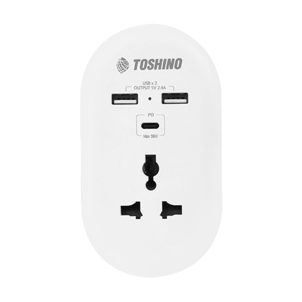 ปลั๊กแปลง 2 ขาแบน 1 ช่อง 2 USB 1PD TOSHINO DE-3UPD สีขาว