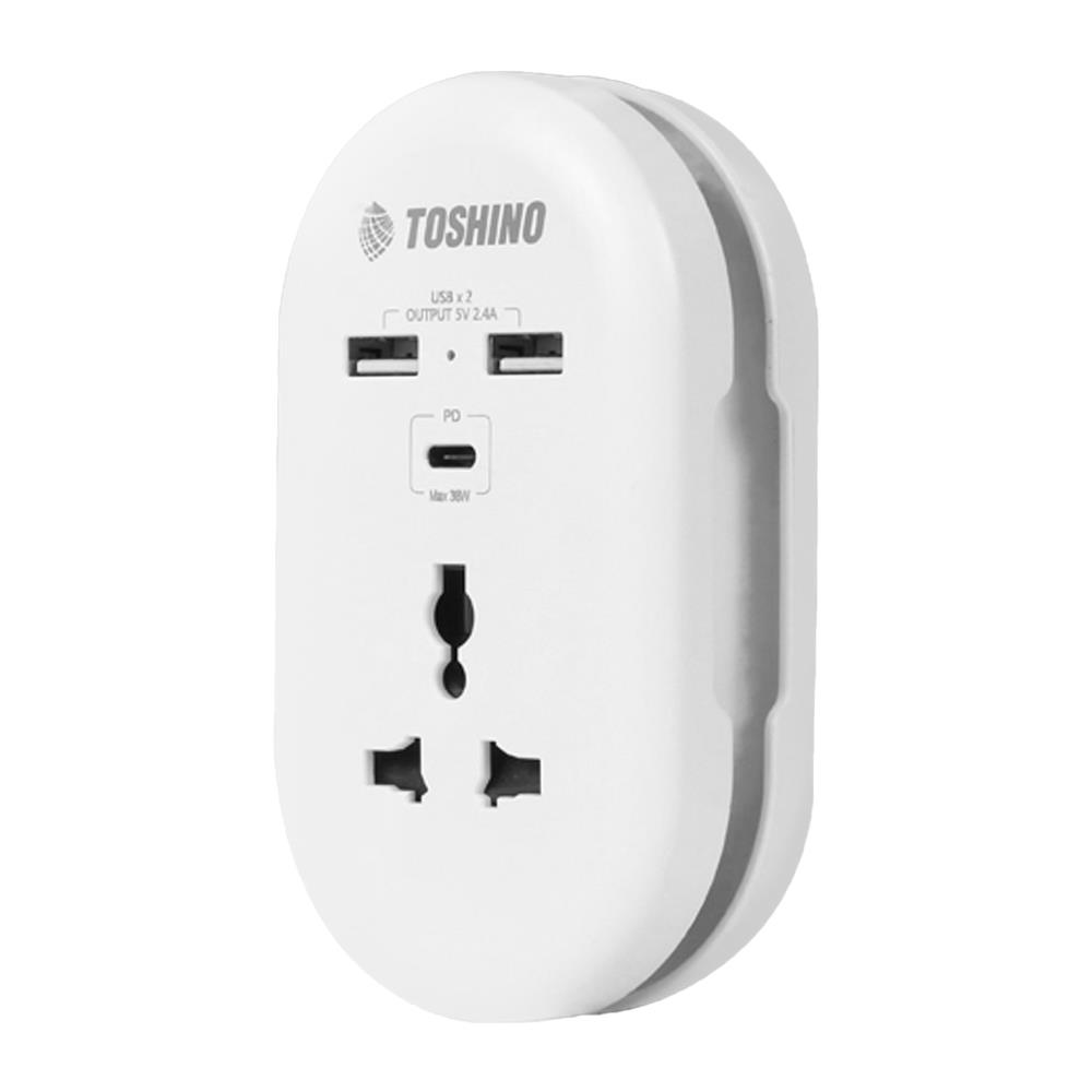 ปลั๊กแปลง 2 ขาแบน 1 ช่อง 2 USB 1PD TOSHINO DE-3UPD สีขาว