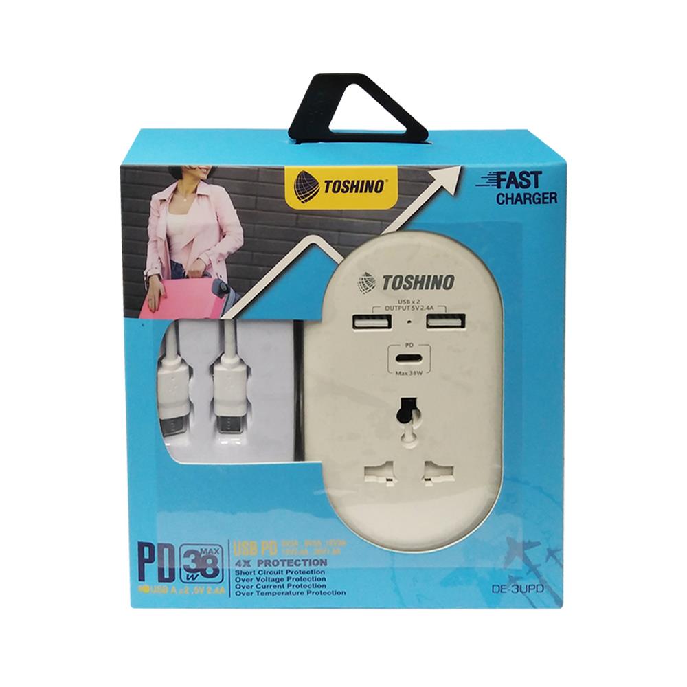 ปลั๊กแปลง 2 ขาแบน 1 ช่อง 2 USB 1PD TOSHINO DE-3UPD สีขาว