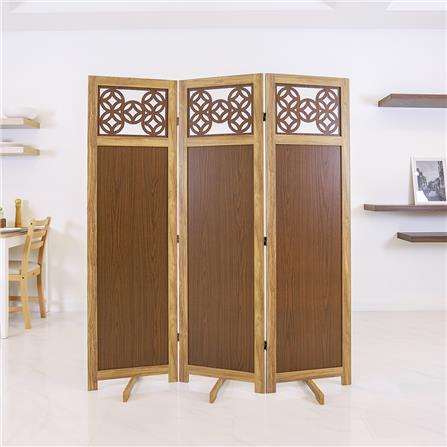 ฉากกั้นปรับฮวงจุ้ย 3 บานพับ FASTTECT ลวดลายฉลุเหรียญมงคล 5 เหรียญ สีลาเต้_2