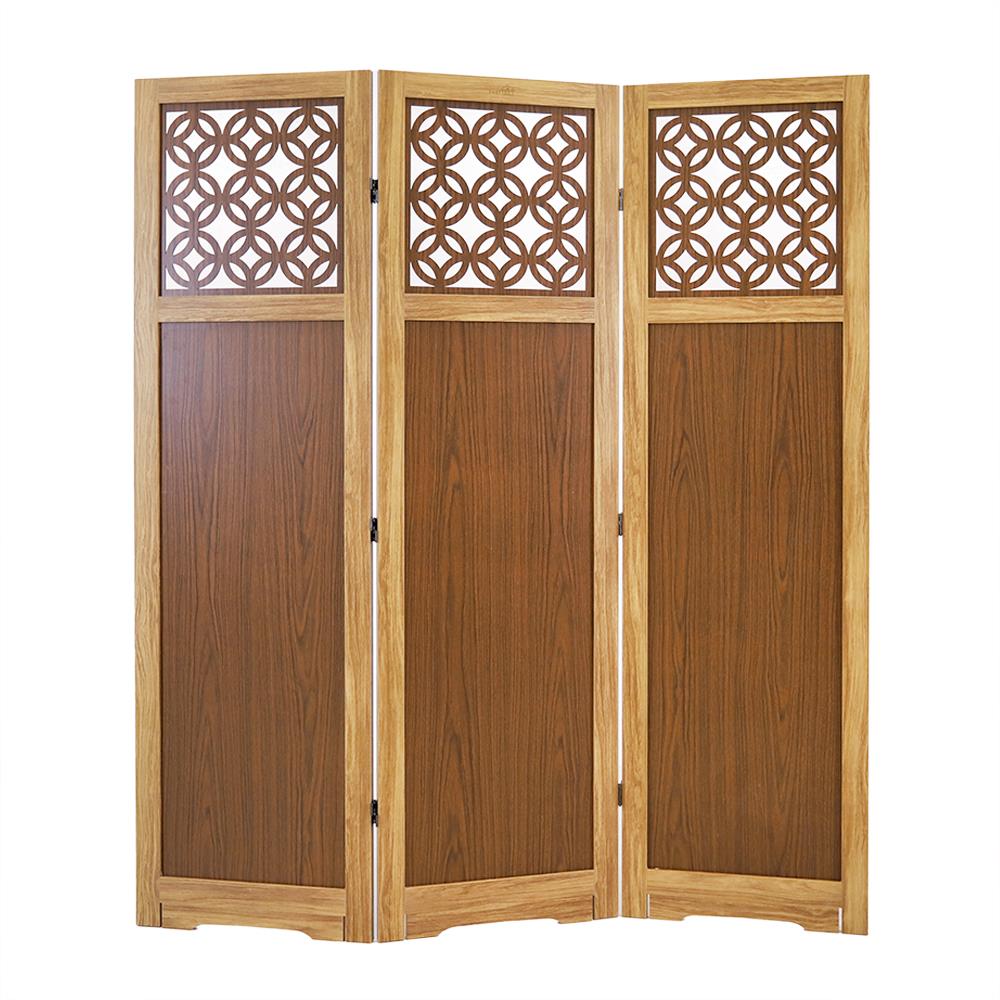 ฉากกั้นปรับฮวงจุ้ย 3 บานพับ FASTTECT ลวดลายฉลุเหรียญมงคล 9 เหรียญ สีลาเต้