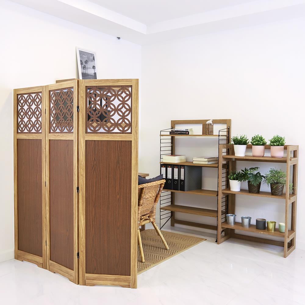 ฉากกั้นปรับฮวงจุ้ย 3 บานพับ FASTTECT ลวดลายฉลุเหรียญมงคล 9 เหรียญ สีลาเต้