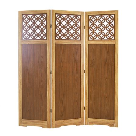 ฉากกั้นปรับฮวงจุ้ย 3 บานพับ FASTTECT ลวดลายฉลุเหรียญมงคล 9 เหรียญ สีลาเต้_0