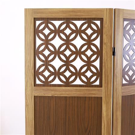 ฉากกั้นปรับฮวงจุ้ย 3 บานพับ FASTTECT ลวดลายฉลุเหรียญมงคล 9 เหรียญ สีลาเต้_1