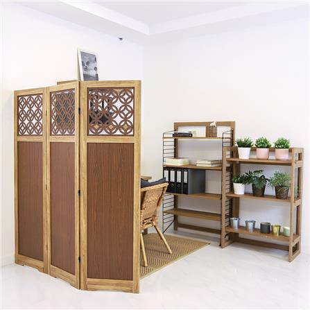 ฉากกั้นปรับฮวงจุ้ย 3 บานพับ FASTTECT ลวดลายฉลุเหรียญมงคล 9 เหรียญ สีลาเต้_3