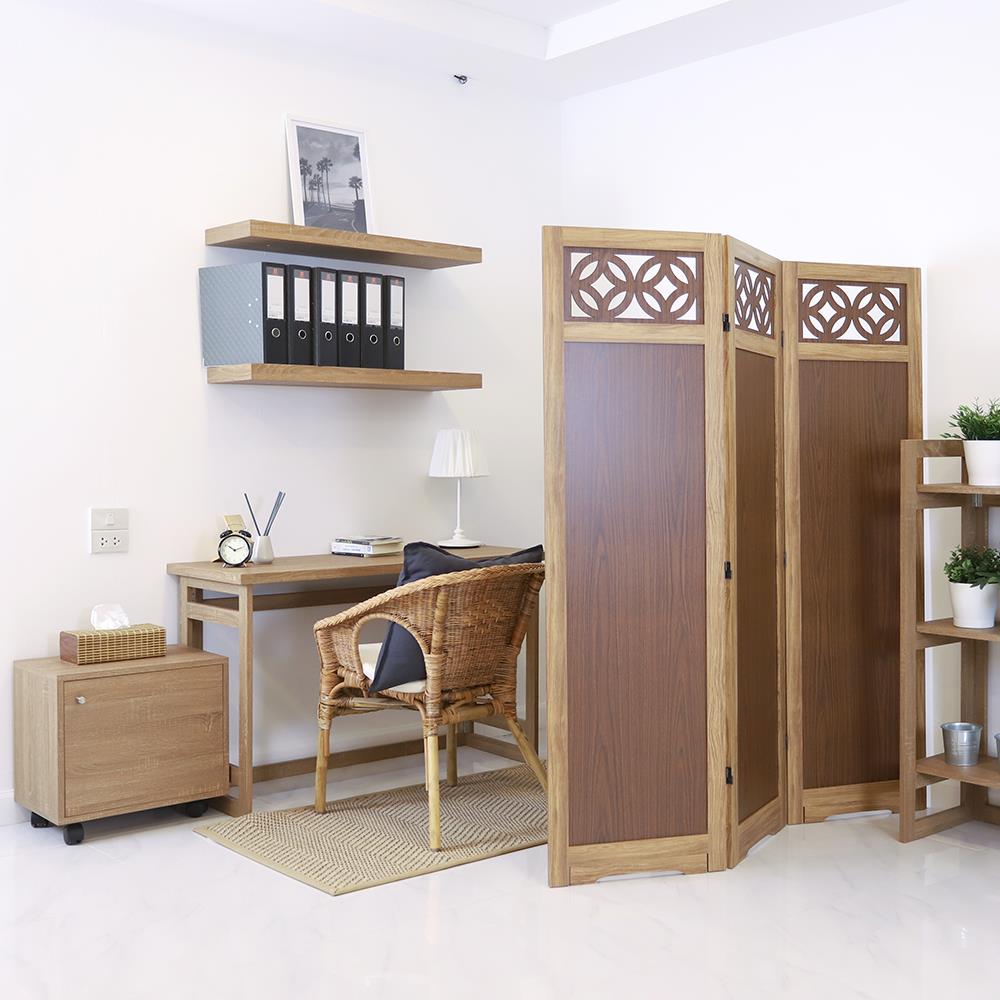 ฉากกั้นปรับฮวงจุ้ย 3 บานพับ FASTTECT ลวดลายฉลุเหรียญมงคล 2 เหรียญ สีลาเต้