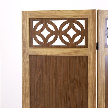 ฉากกั้นปรับฮวงจุ้ย 3 บานพับ FASTTECT ลวดลายฉลุเหรียญมงคล 2 เหรียญ สีลาเต้_1