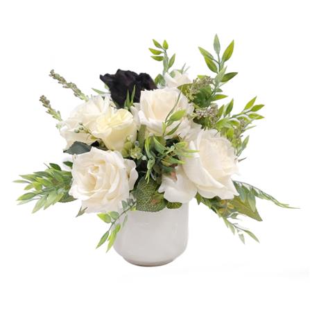 ดอกกุหลาบสีขาวมีขอนไม้ในแจเซรามิก WACH