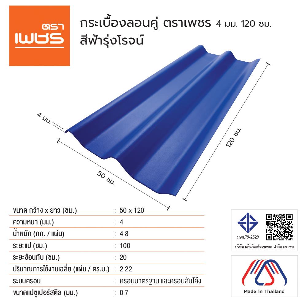 กระเบื้องหลังคา ลอนคู่ ตราเพชร 0.4x50x120 ซม. สีฟ้ารุ่งโรจน์