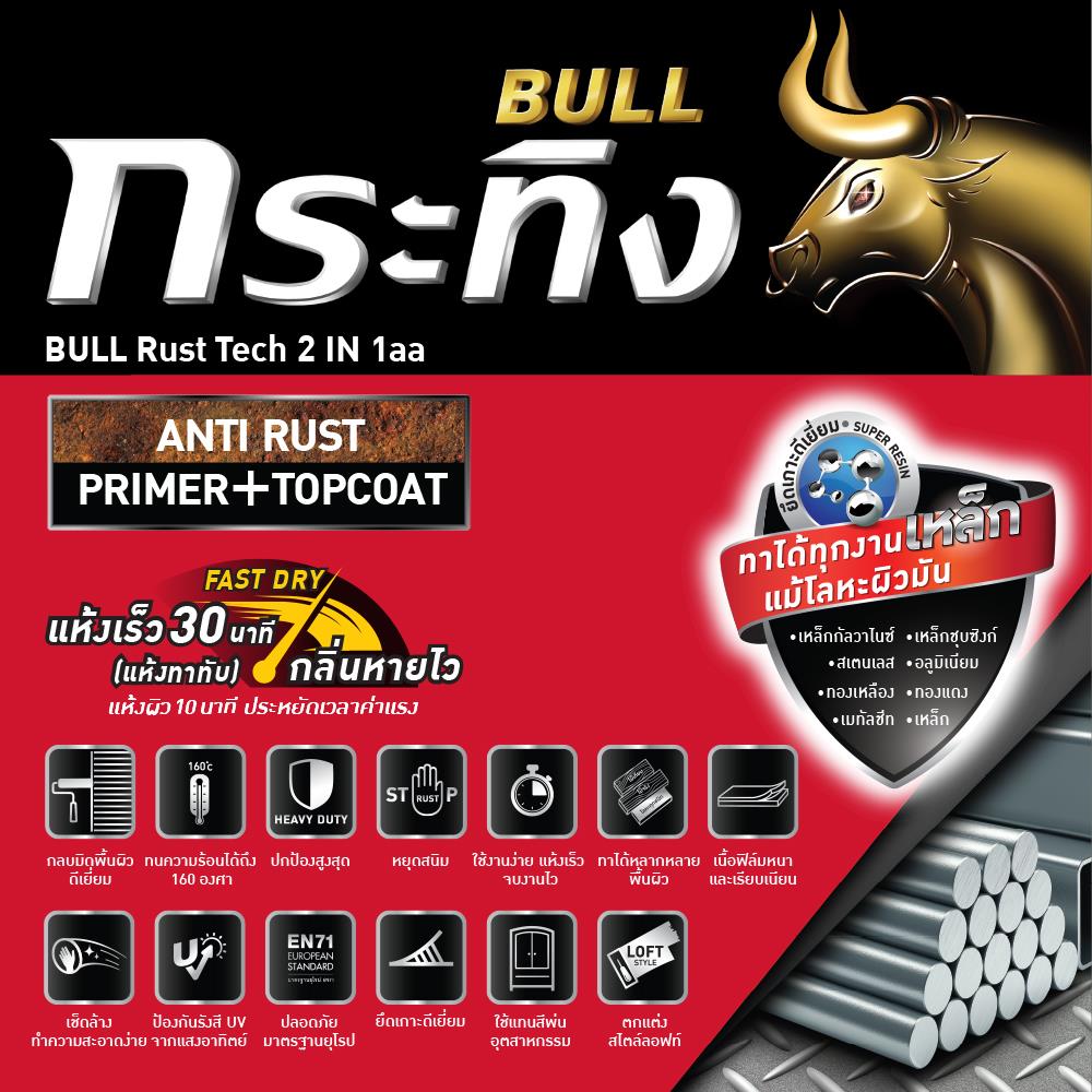 สีรองพื้นกันสนิมและสีเคลือบทับหน้า กระทิง RUST TECH 2 IN 1 KM-1920 สีเทา ด้าน 1 แกลลอน