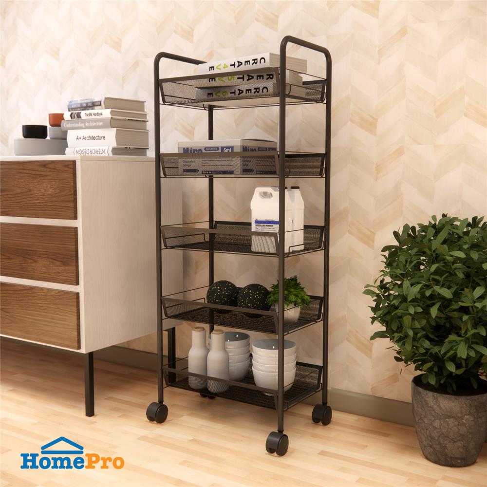 ชั้นวาง 5 ชั้น พร้อมขอแขวน มีล้อ STACKO IVY 45x26x106 ซม. สีดำ