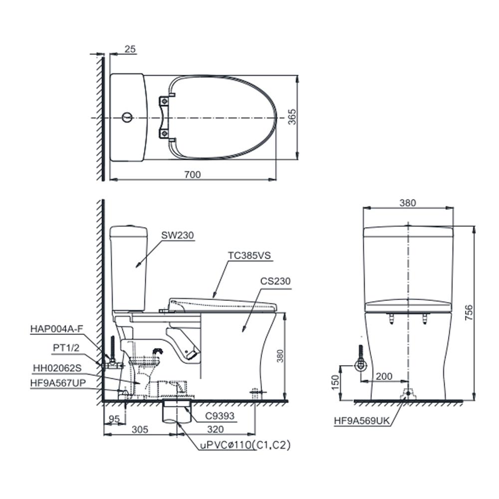 สุขภัณฑ์ 2 ชิ้น TOTO CST230 4.8/3 ลิตร สีขาว