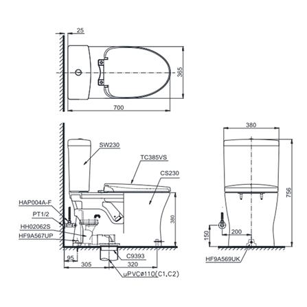 สุขภัณฑ์ 2 ชิ้น TOTO CST230 4.8/3 ลิตร สีขาว_1