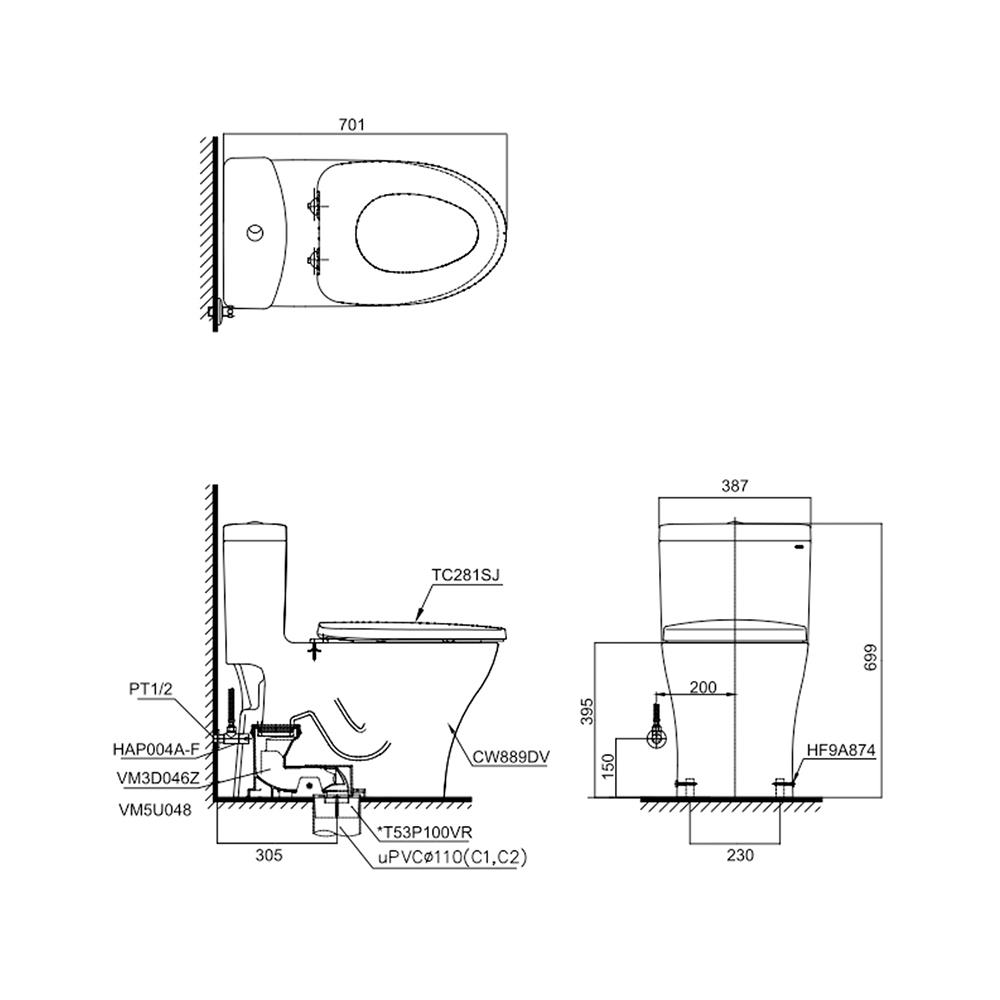 สุขภัณฑ์ 1 ชิ้น TOTO CW889UV2 4.5/3L สีขาว