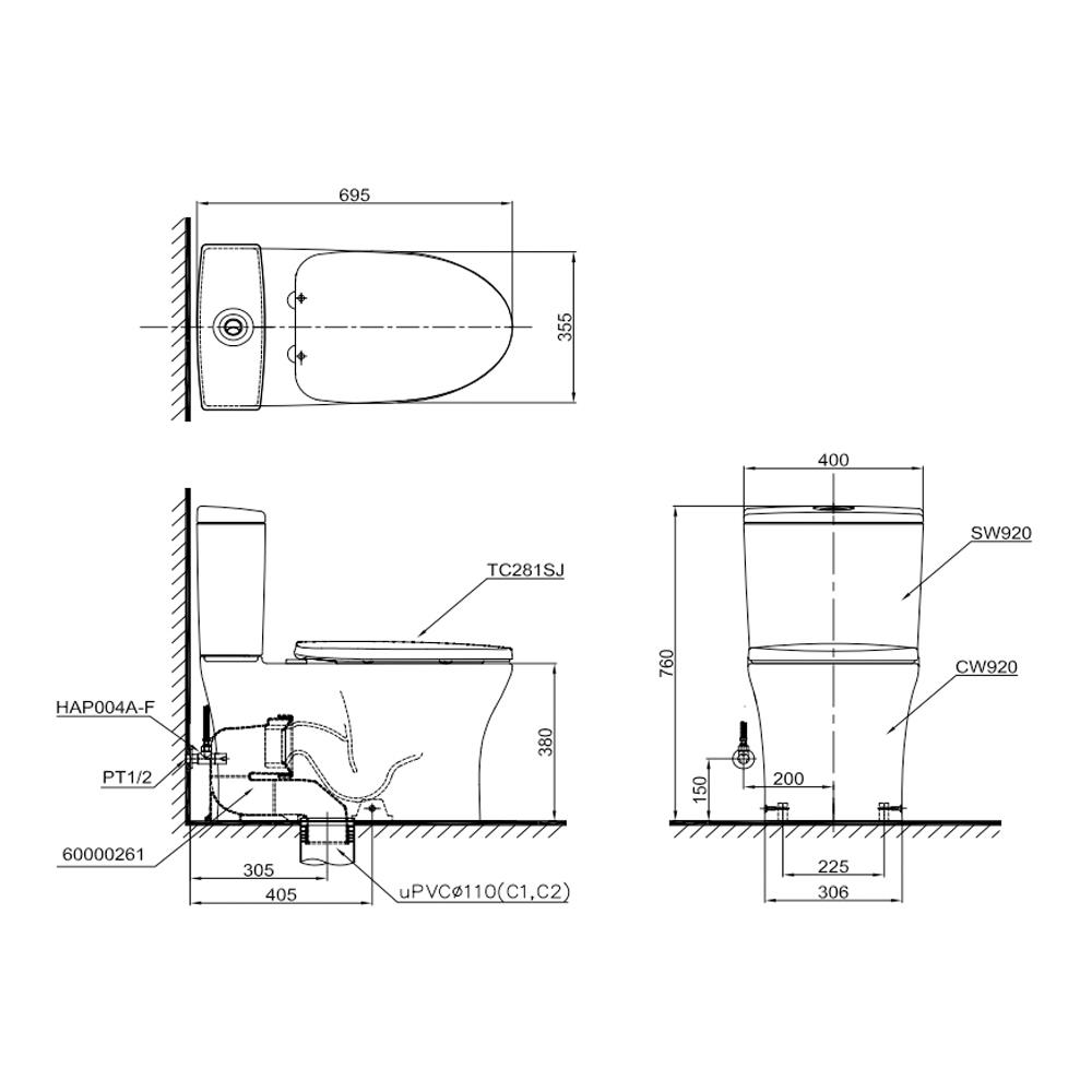 สุขภัณฑ์ 2 ชิ้น TOTO CST920 4.5/3L สีขาว