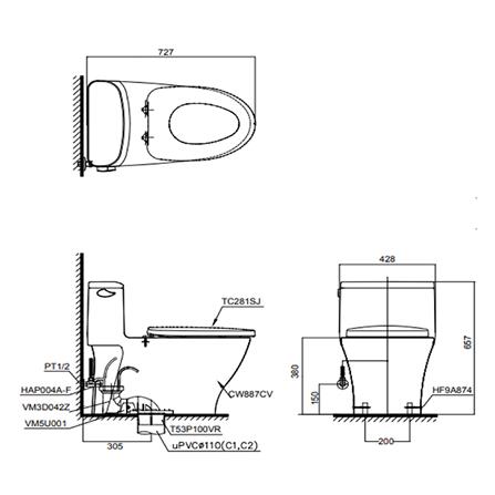 สุขภัณฑ์ 1 ชิ้น TOTO CW887UV2 4.8L สีขาว_1