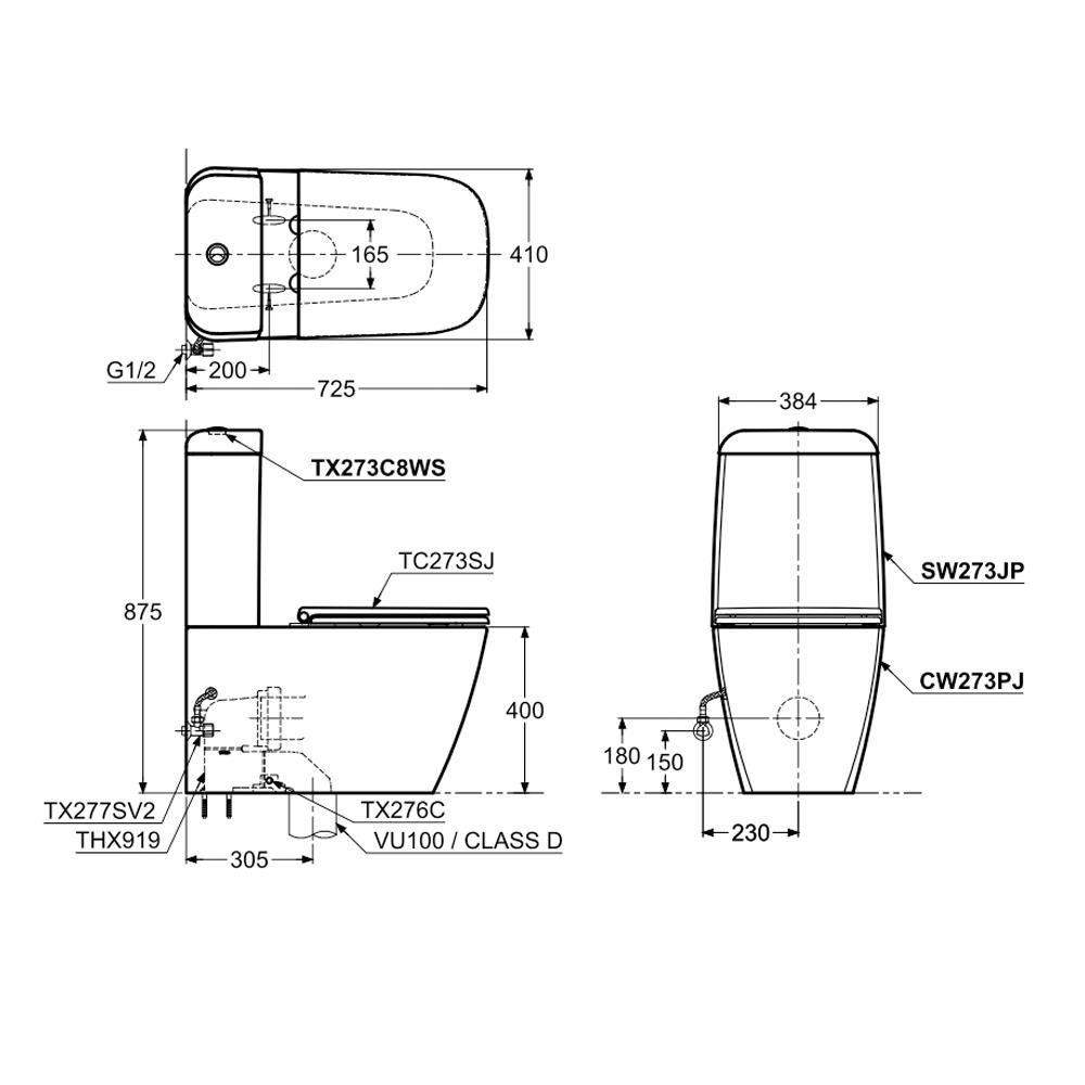 สุขภัณฑ์ 2 ชิ้น TOTO CST273U 4.5/3L สีขาว