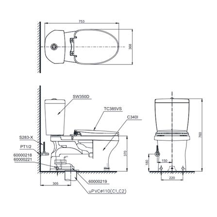 สุขภัณฑ์ 2 ชิ้น TOTO CST340R 4.8/3 ลิตร สีขาว_1