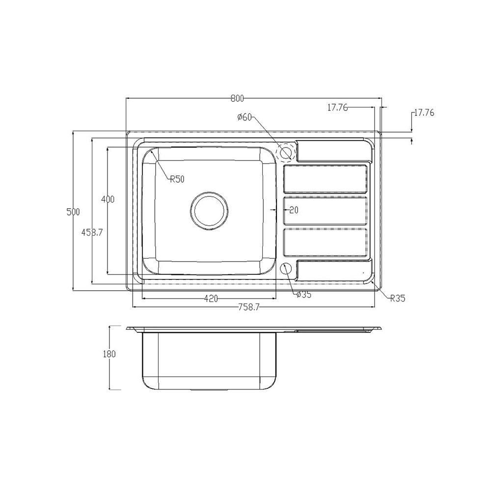 ซิงค์ฝัง 1หลุม 1ที่พัก LINEA VELA80 สีเงิน