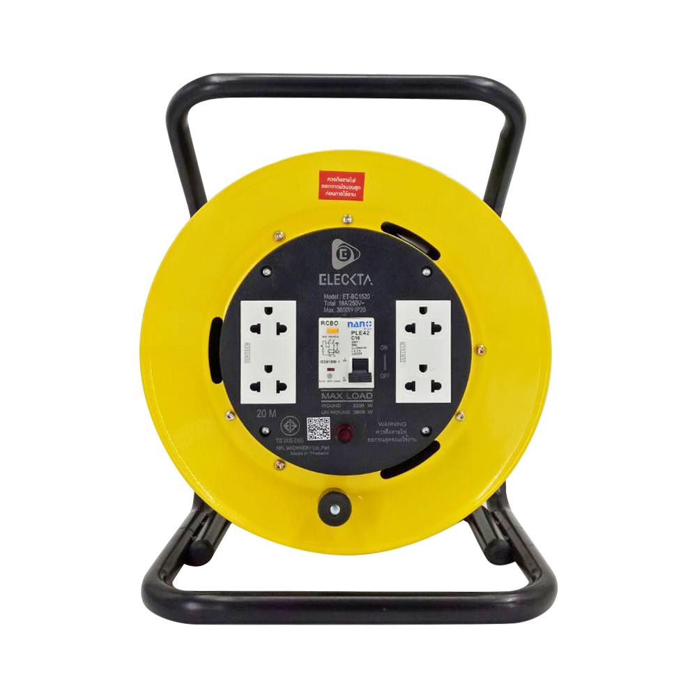ล้อเก็บสายไฟ 4 ช่อง พร้อมเบรคเกอร์กันไฟดูด ELECKTA ET-BC1520 3600 วัตต์ 20 เมตร สีเหลือง