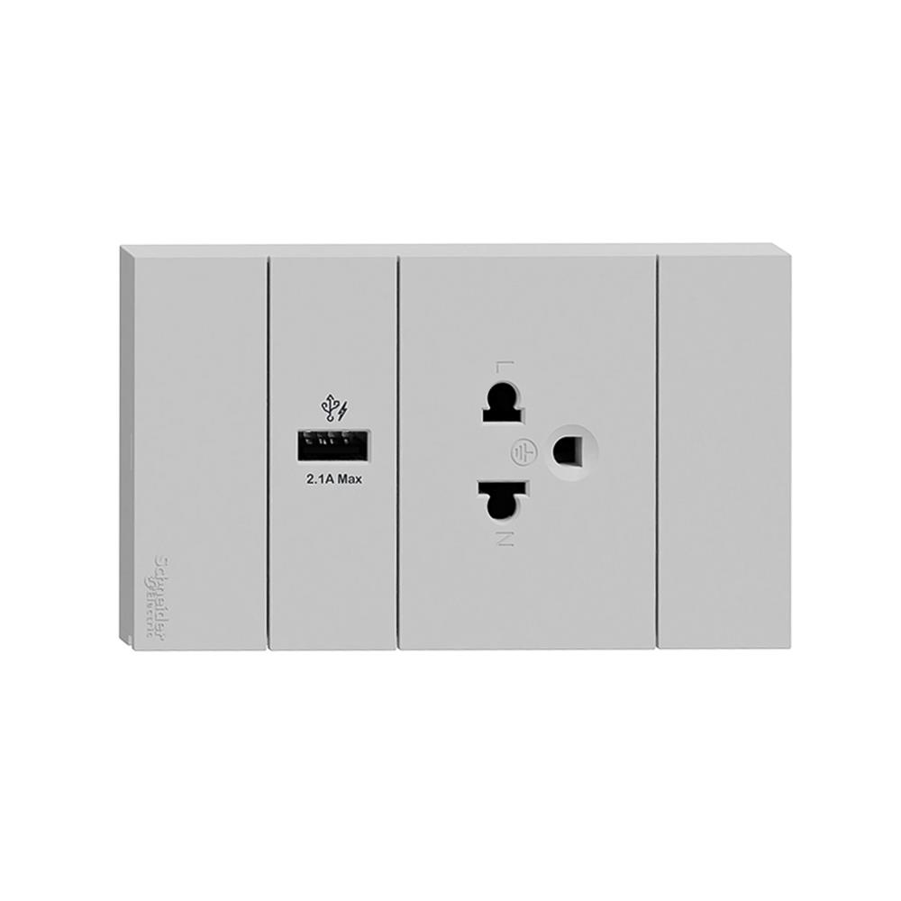 ชุดเต้ารับเดี่ยว 3 ขา + USB 1 ช่อง SCHNEIDER A70426USB_UST_GY สีเทา