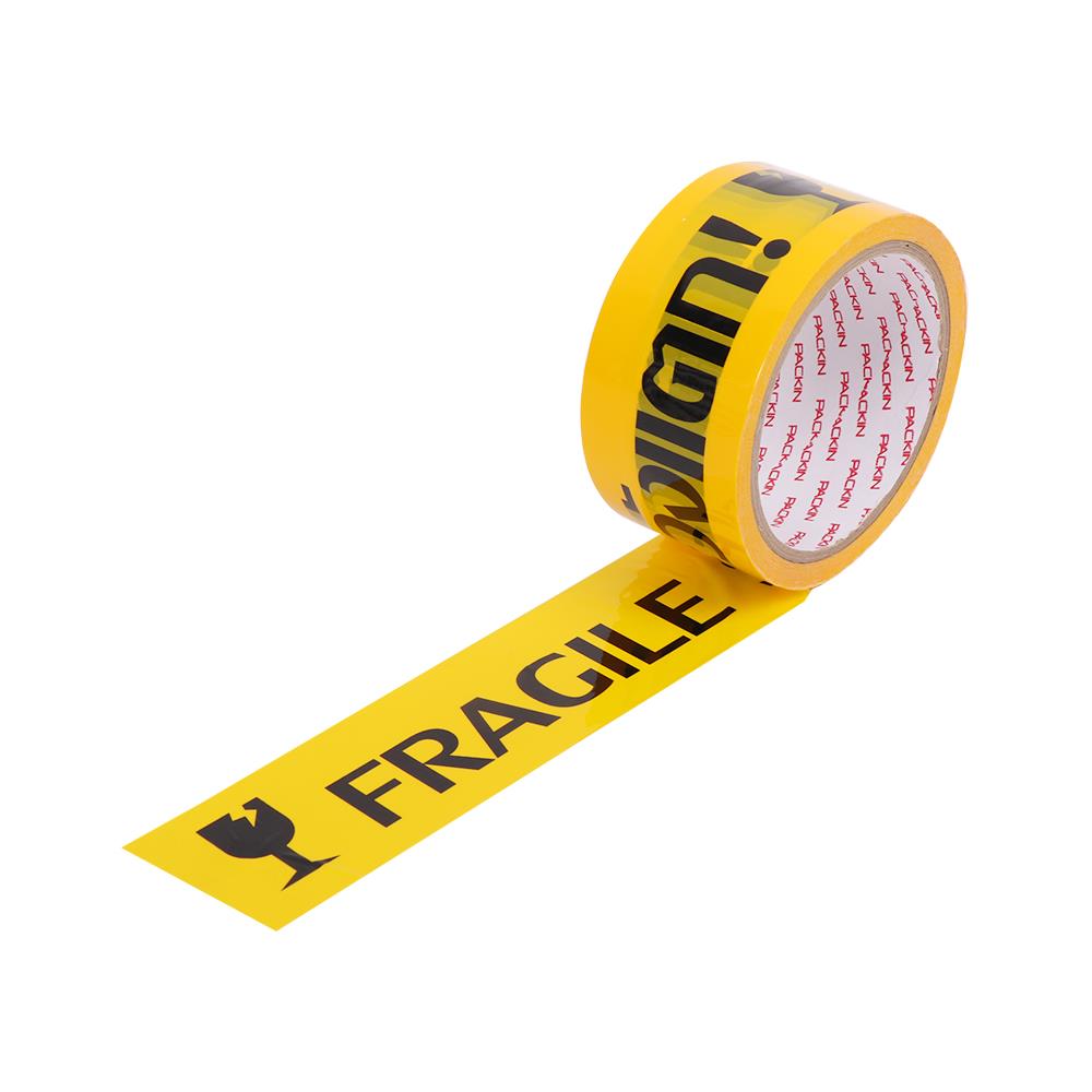 เทป OPP PACK IN พิมพ์ ระวังแตก 2 นิ้ว X 45 หลา สีเหลืองอักษรดำ แพ็ก 6 ม้วน
