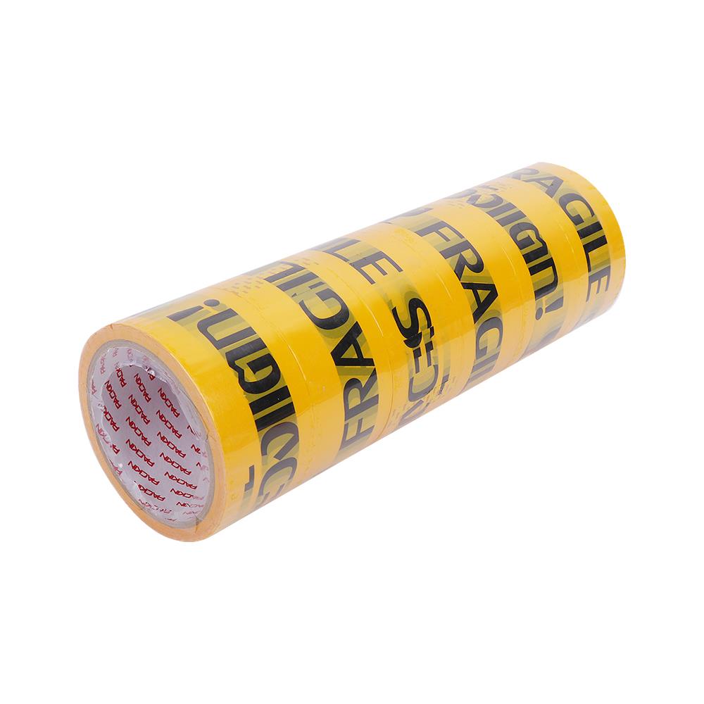 เทป OPP PACK IN พิมพ์ ระวังแตก 2 นิ้ว X 45 หลา สีเหลืองอักษรดำ แพ็ก 6 ม้วน