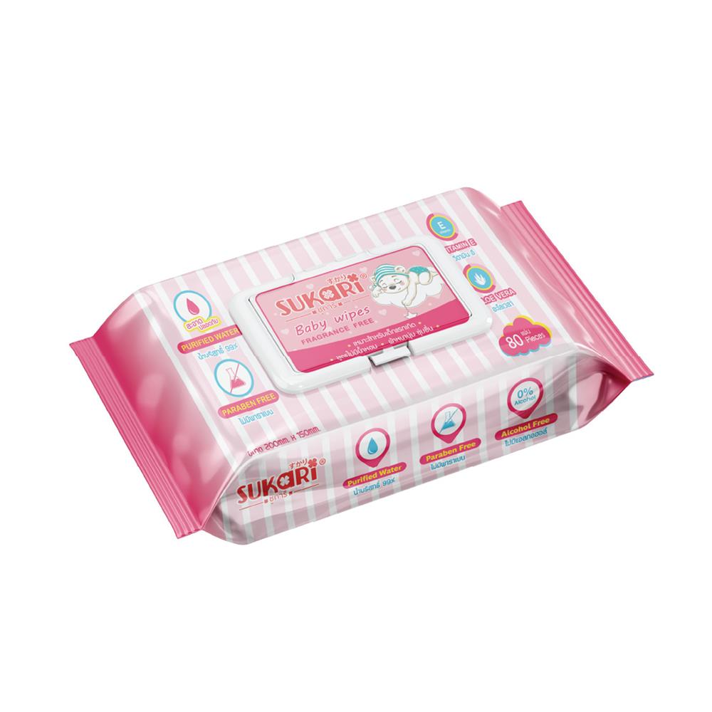 ผ้าเช็ดทำความสะอาด SUKARI BABY WIPES ไม่มีน้ำหอม 80 แผ่น
