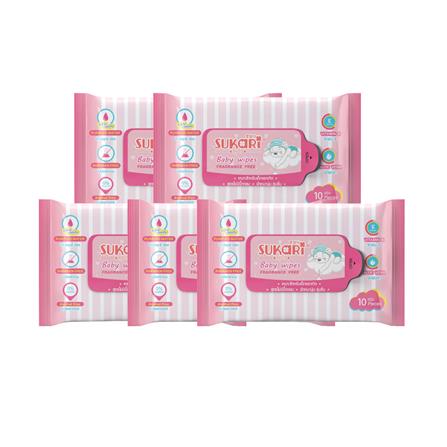 ผ้าเช็ดทำความสะอาด SUKARI BABY WIPES ไม่มีน้ำหอม 10 แผ่น (แพ็ก 5 ชิ้น)