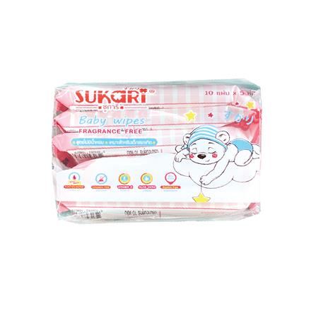 ผ้าเช็ดทำความสะอาด SUKARI BABY WIPES ไม่มีน้ำหอม 10 แผ่น (แพ็ก 5 ชิ้น)_1
