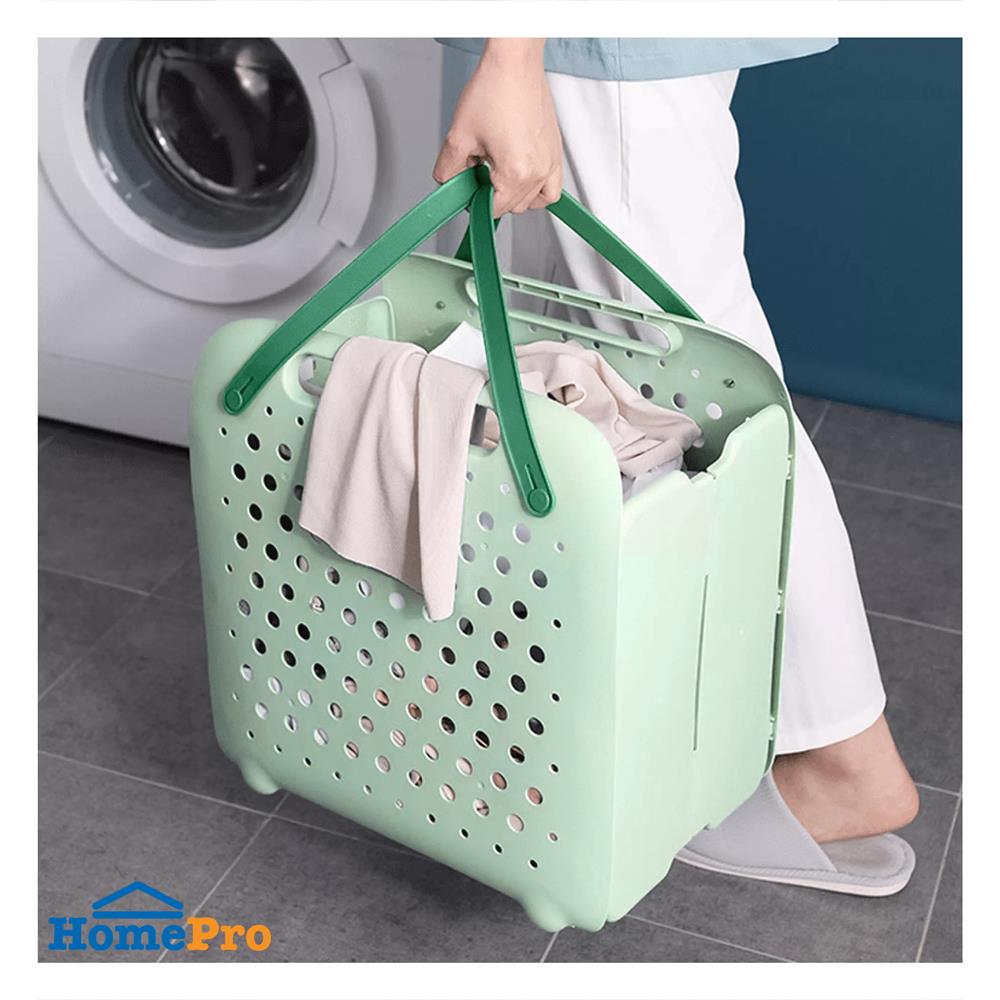 ตะกร้าผ้าหูหิ้วพับได้ PLIM FOLDABLE สีเขียว