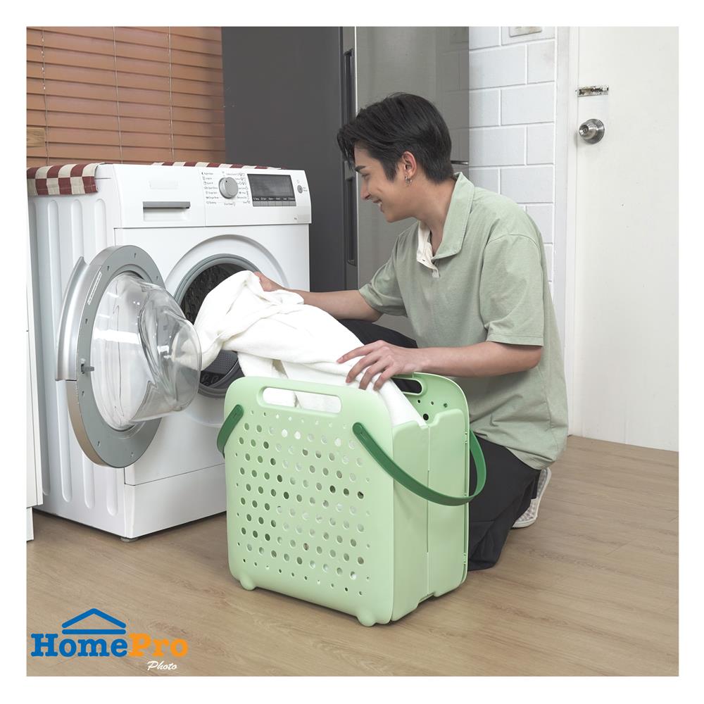 ตะกร้าผ้าหูหิ้วพับได้ PLIM FOLDABLE สีเขียว