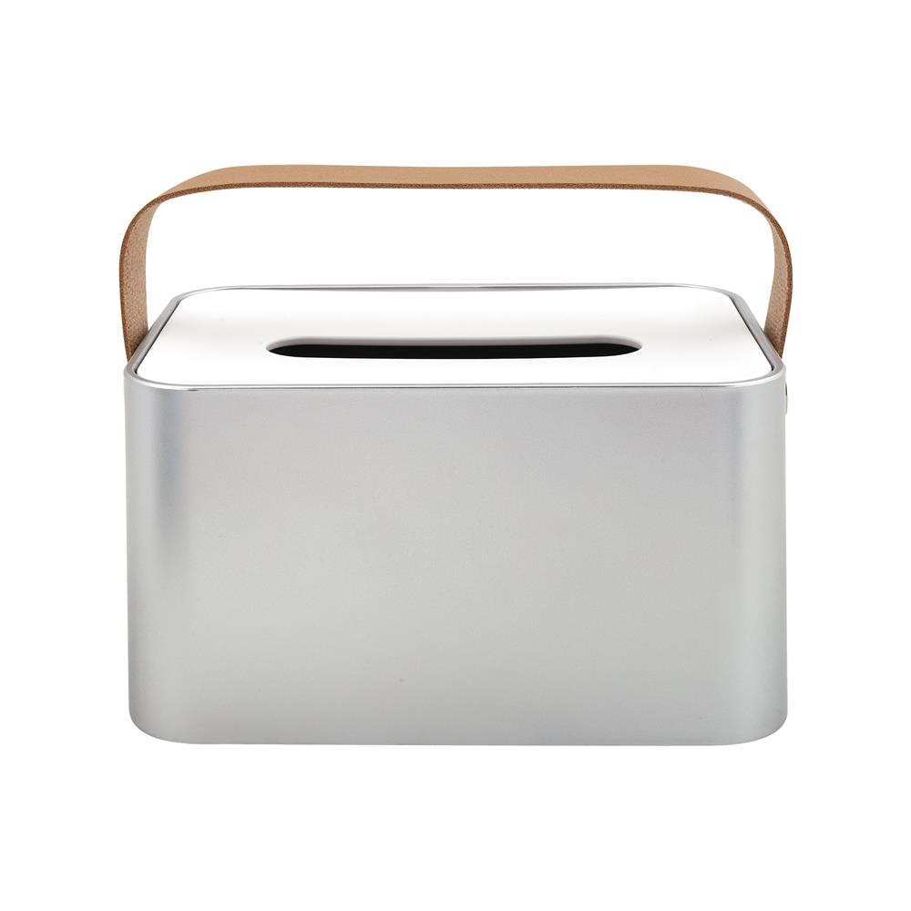 กล่องทิชชู่แผ่น หูหิ้วหนัง KECH สีเงิน