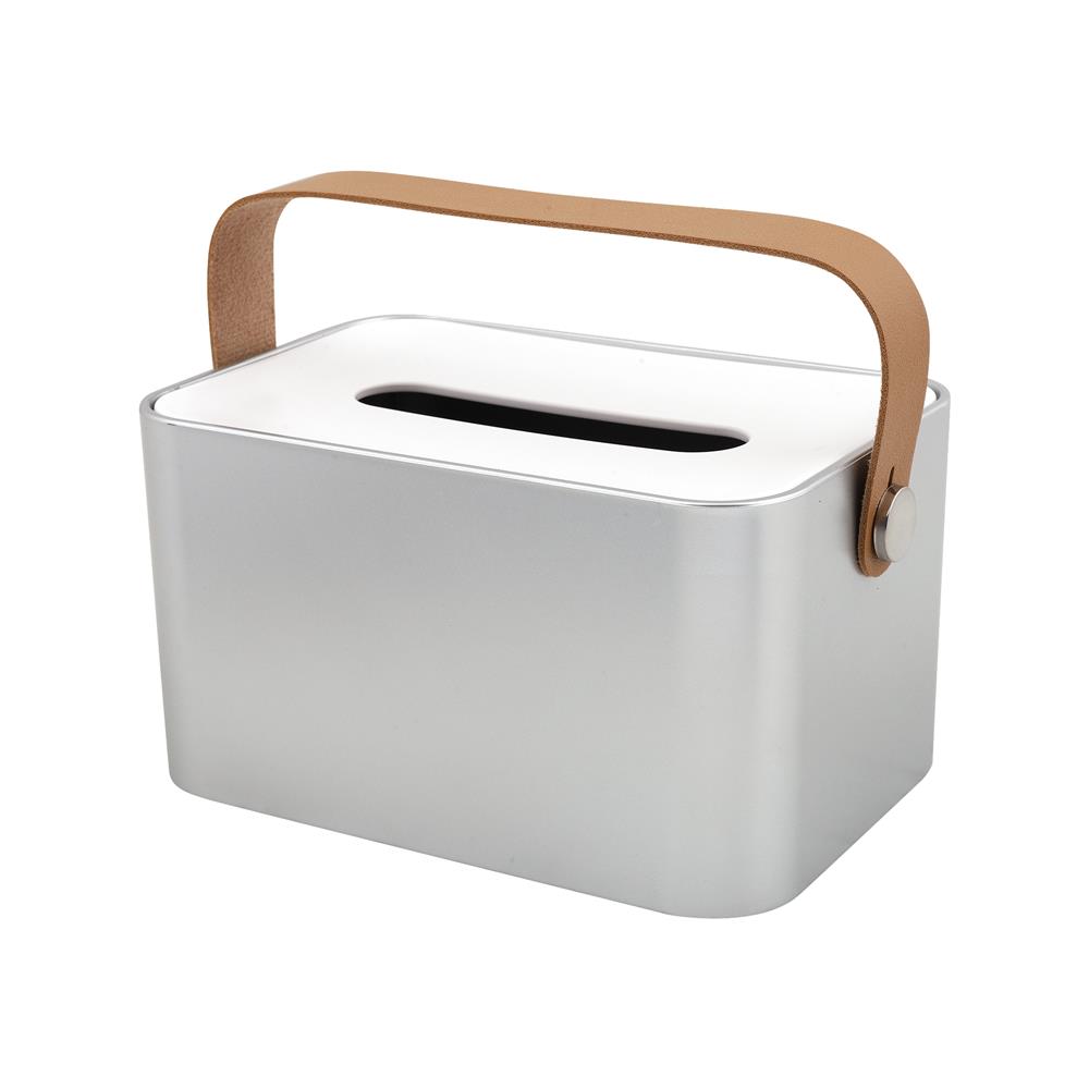 กล่องทิชชู่แผ่น หูหิ้วหนัง KECH สีเงิน