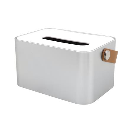 กล่องทิชชู่แผ่น หูหิ้วหนัง KECH สีเงิน_0