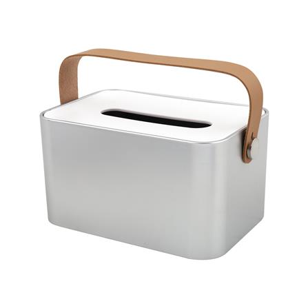 กล่องทิชชู่แผ่น หูหิ้วหนัง KECH สีเงิน_3