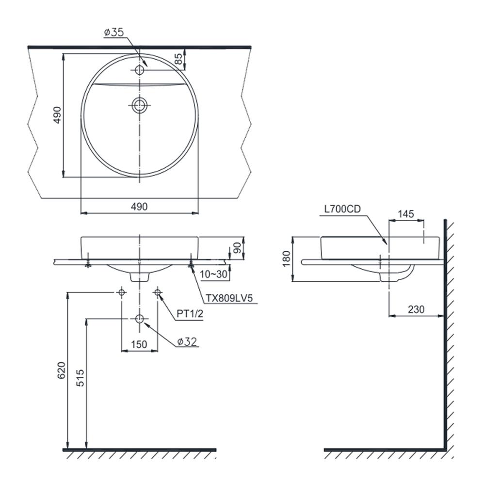 อ่างล้างหน้าวางบนเคาน์เตอร์ TOTO L700CD สีขาว