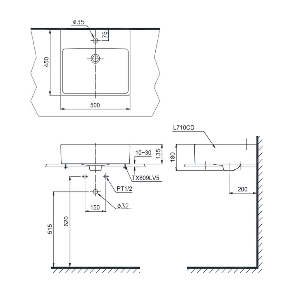 อ่างล้างหน้าวางบนเคาน์เตอร์ TOTO L710CD สีขาว