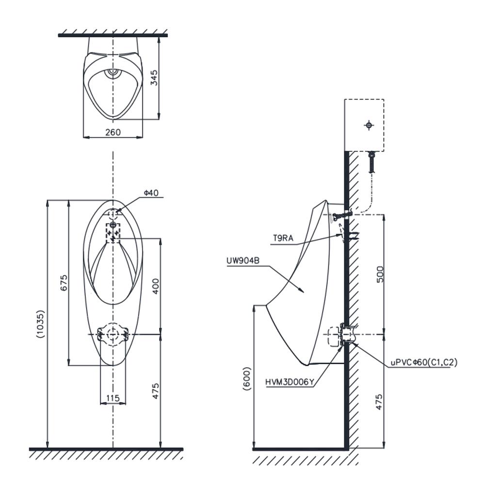 โถปัสสาวะชาย ท่อน้ำเข้าด้านหลัง TOTO UW904B สีขาว