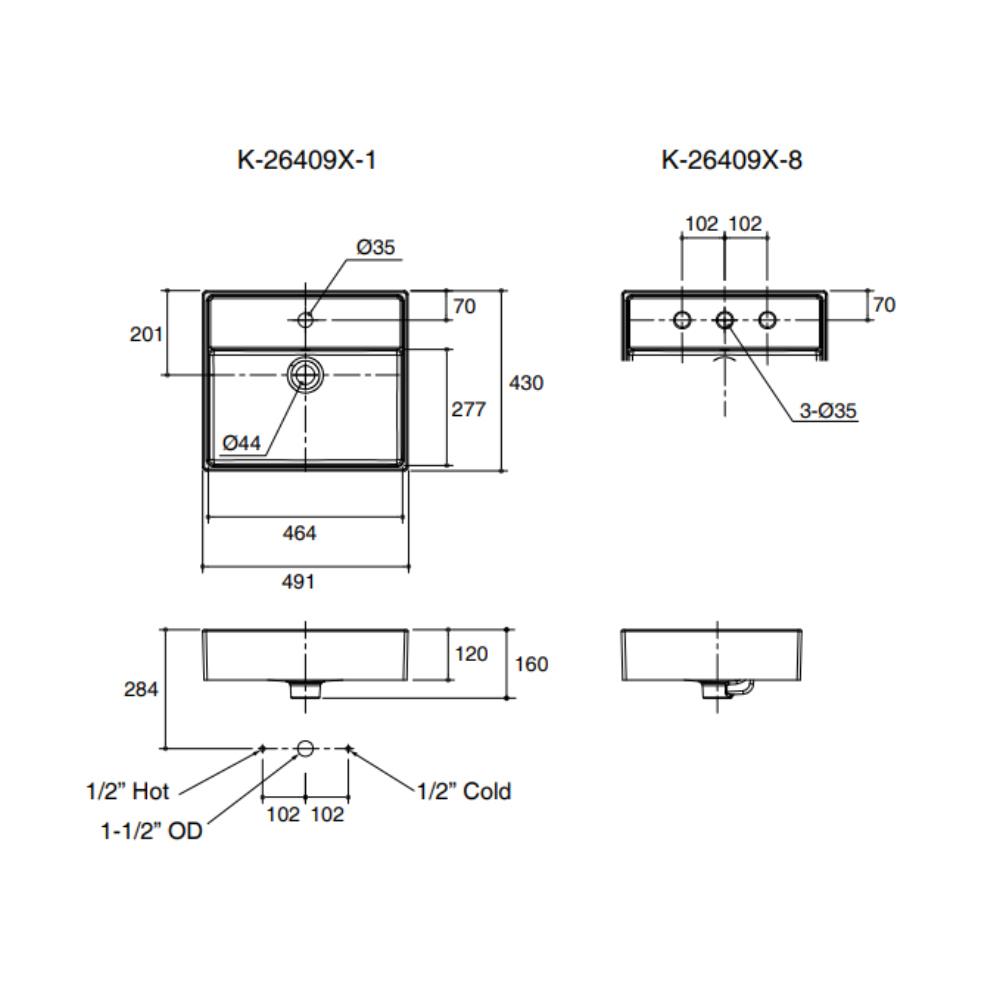 อ่างล้างหน้าวางบนเคาน์เตอร์ KOHLER K-26409X-1-0 สีขาว
