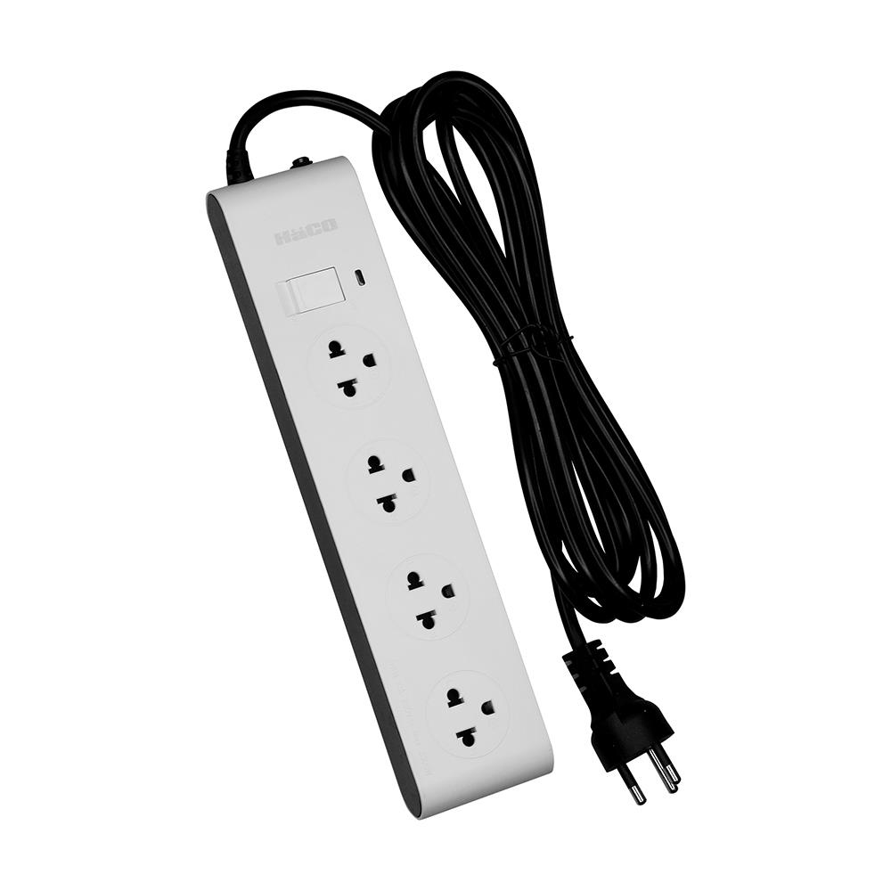 รางปลั๊กไฟ 4 ช่อง 1 สวิตซ์ HACO EJ-S4S/3 3 เมตร สีขาว