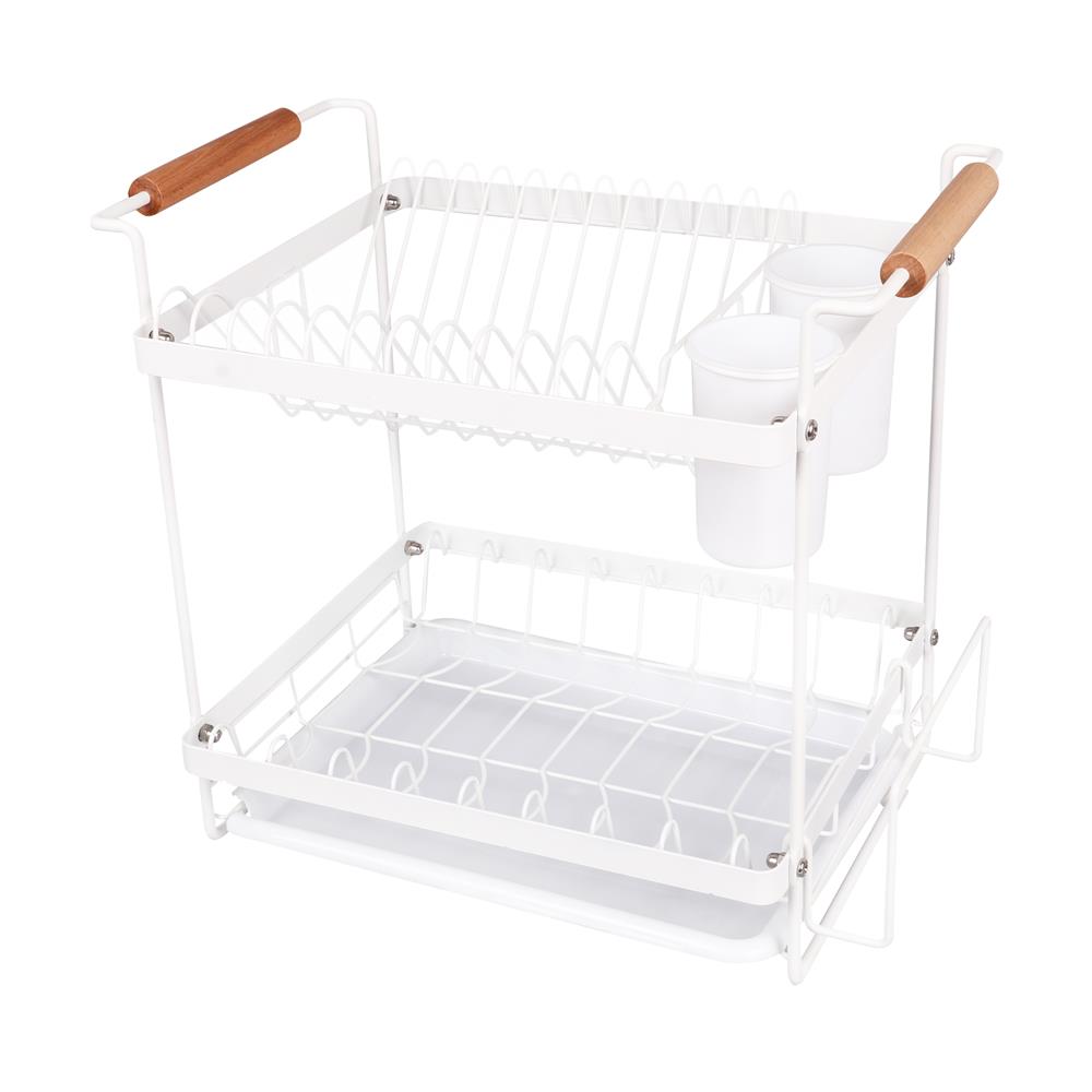 ชั้นคว่ำจาน 2 ชั้น พร้อมถาดรองน้ำและด้ามจับไม้ KECH MODISH สีขาว